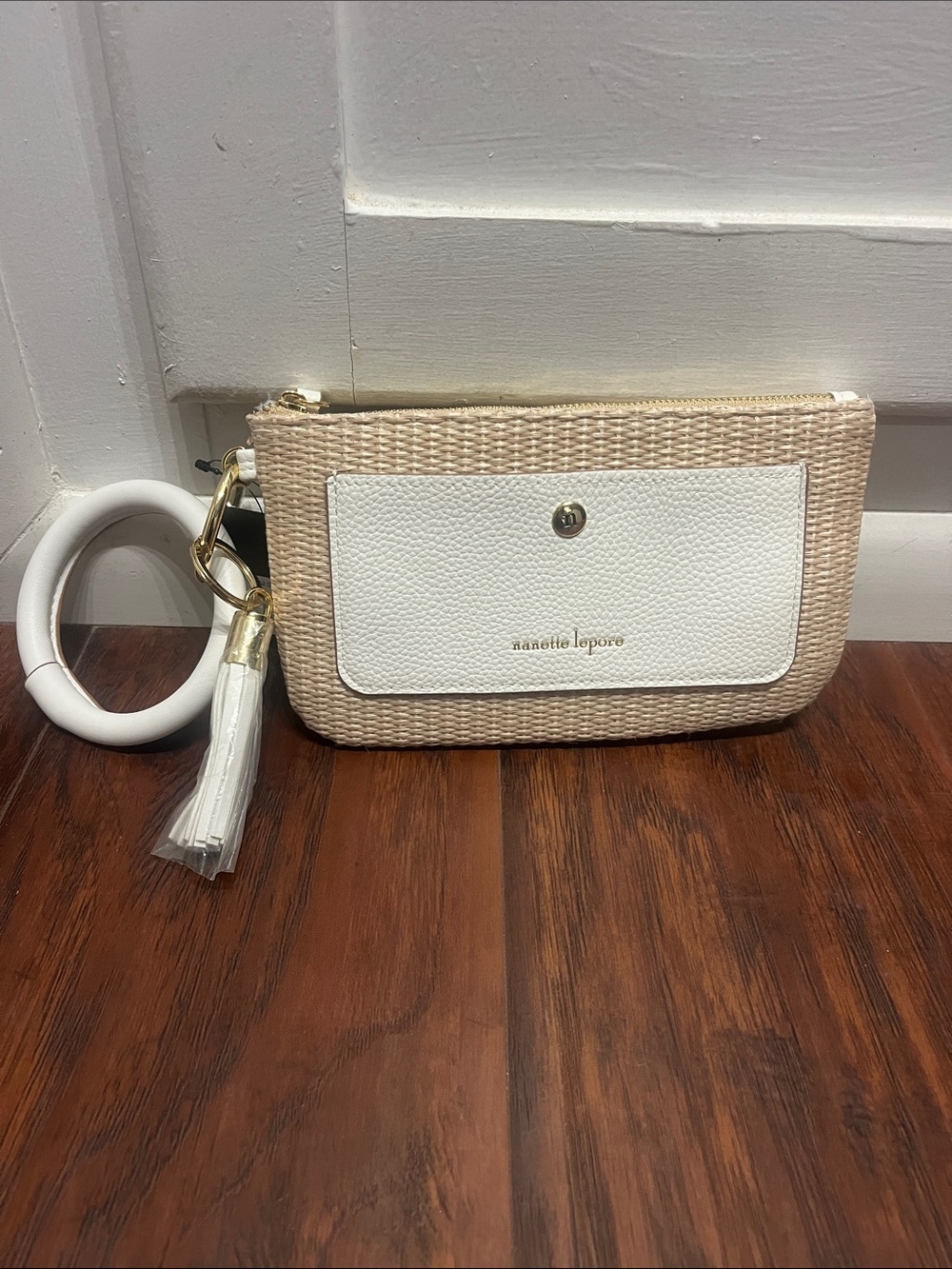 Nanette Lepore Beige and White Woven Wristlet with Detachable Bangle